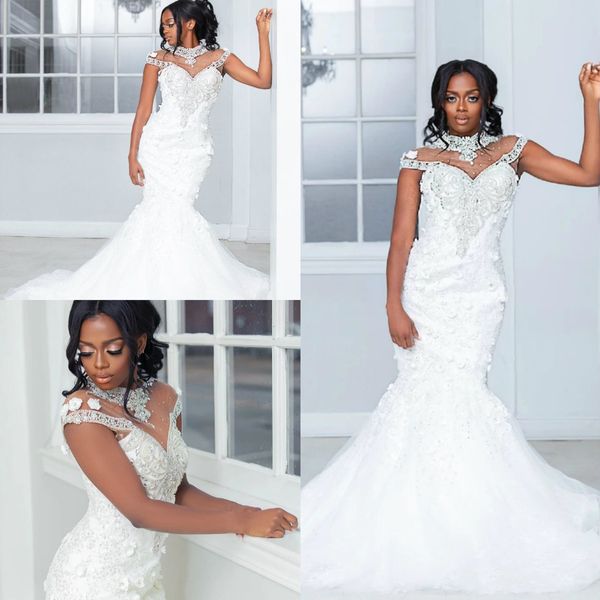 Sul Africano Plus Size Sereia Vestidos De Noiva Sexy Cristal Alto Collar 3D Flor Applique Noiva Vestidos Beading Sweep Train Recepção Vestido Bridal