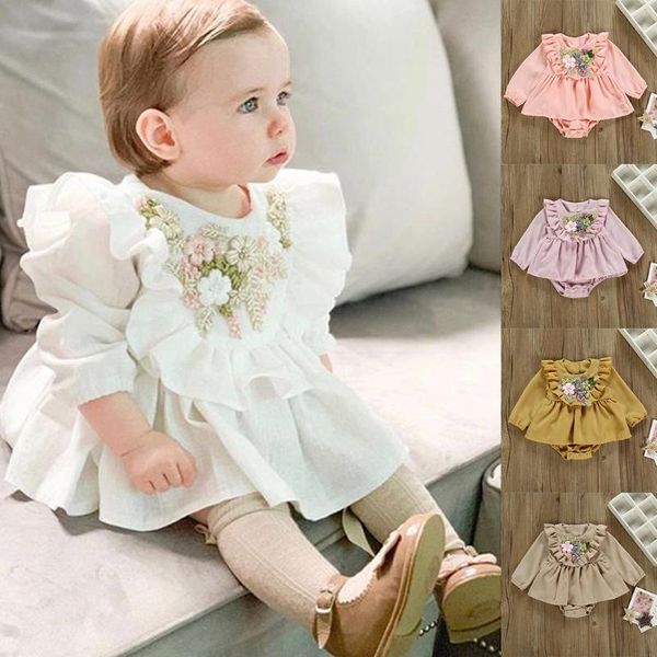 

цветочное платье baby girl летние платья baby круглый воротник чистый цвет вышивка длинные рукава девушка цельный предмет одежды#g40, Red;yellow