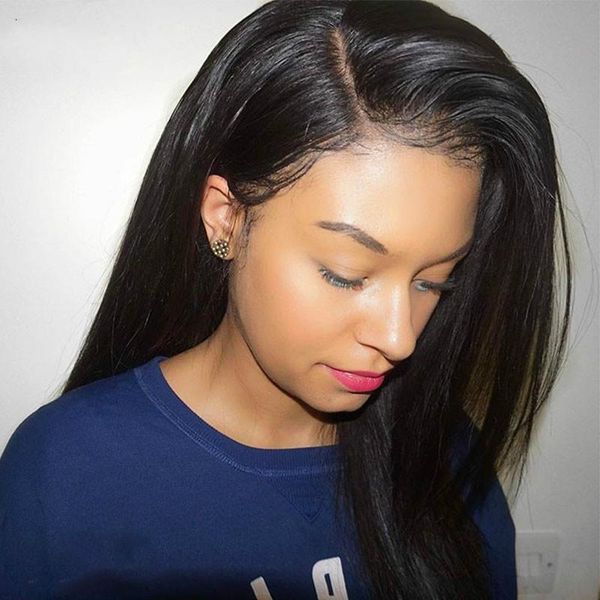 

прямые бесклеевые передние парики из человеческих волос для женщин плотность 250% полный бразильский парик с кружевными вставками предварите, Black