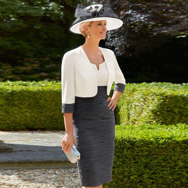 

modest sheath beaded mother of the bride dresses with long sleeves jackets jewel neck pleated evening gowns knee length wedding guest dress, Black;red