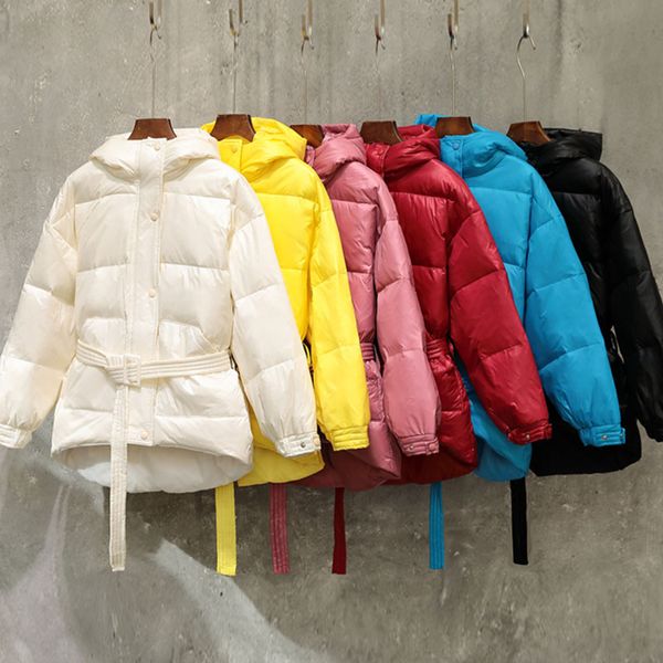 

women winter short jacket shiny parka loose down jackets hooded coat windproof glossy streetwear female loose duck down coat, Black