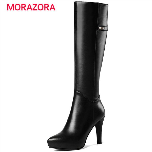 

morazora 2018 new fashion super high heel knee high boots pointed toe stiletto heel platform boots autumn winter zipper, Black