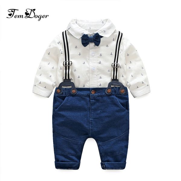 

tem doge baby boy clothing sets infant newborn boys clothes tie rompers+overalls 2pcs gentleman outfits sets for bebes wear t200706, White