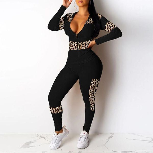 

womail tracksuit women fashion long sleeve 2 piece tracksuit multi-color leopard stitching print set pant slim fitness sport set, White;black