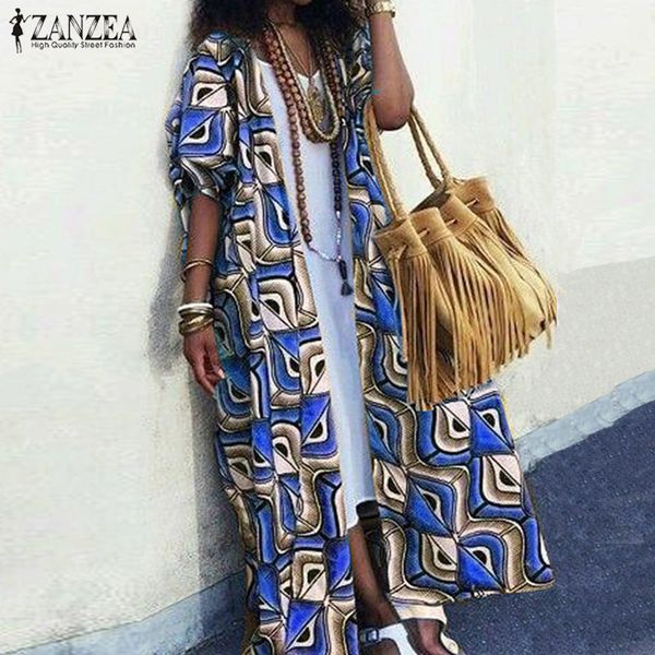 

zanzea women bohemian long shirt ladies vintage floral print blouse kimono 2019 fashion summer autumn cardigan cover up outwear, White