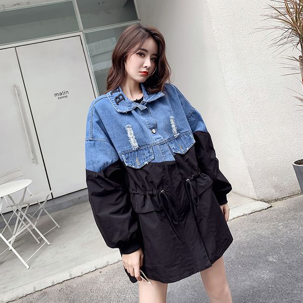 

2019 new stitching fake two-piece denim jacket standing collar letter loose windbreaker, Black;brown