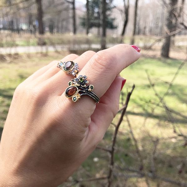 

fashion- brown stone ring anel female brown color jewellery flower finger ring jewelry for women, Golden;silver