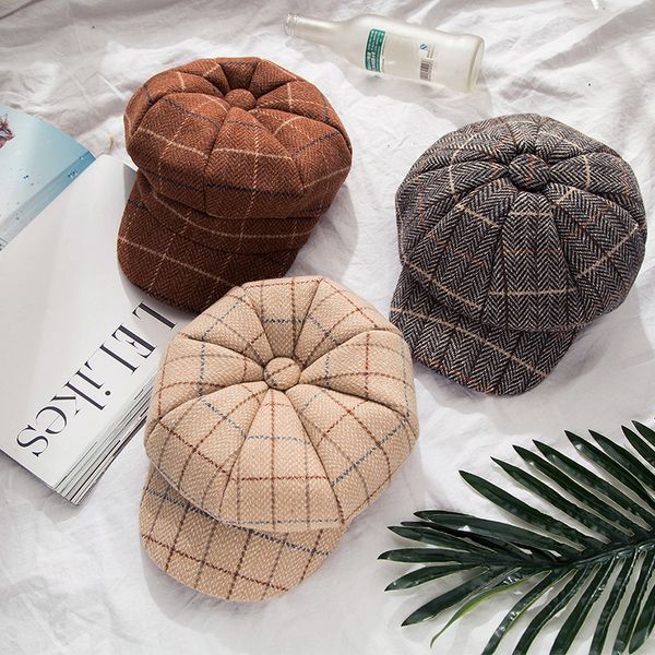 

plaid cotton cap beret winter female hat for women stylish artist painter newspaper caps black gray beret hats new fashion, Blue;gray