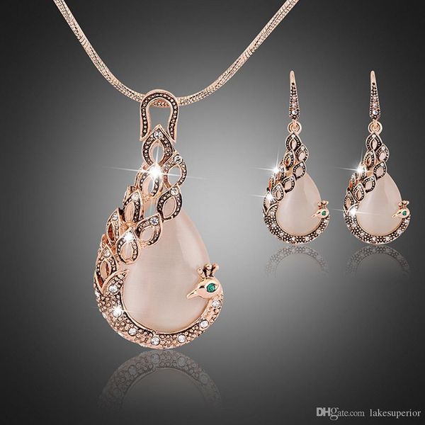 

women ladies peacock crystal rhinestone pendant necklace drop earring set fashion waterdrop jewelry set gift for love, Silver