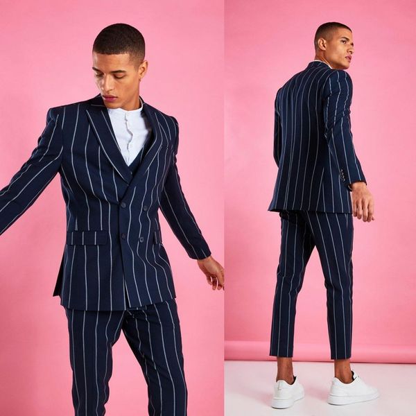 Navy Stripe Wedding Smoking Summer Beach Abotoamento noivo Formal Wear Suits Jantar Prom Party Blazer (Jacket + Vest + calça)