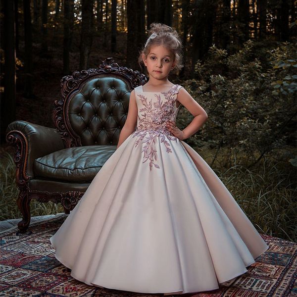 

lovely tulle pink flower girl dresses for weddings high neck sleeves sweep train 3d floral applique communion dress girls pageant gowns4574, White;blue
