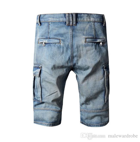 

washed men jeans summer biker jean shorts knee length pants pockets design zippers patters light blue jeans