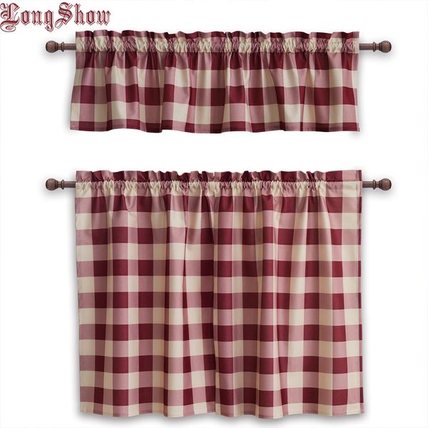 

1 set 3 pcs home decorative modern pink navy black colour plaid rod pocket thick smooth plushed kitchen window door curtains