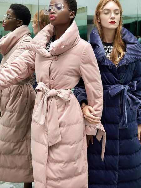 

down jacket fashion women down jackets 2018 winter outerwear warm, cultivate morality corduroy long knee parka overcoat, Black