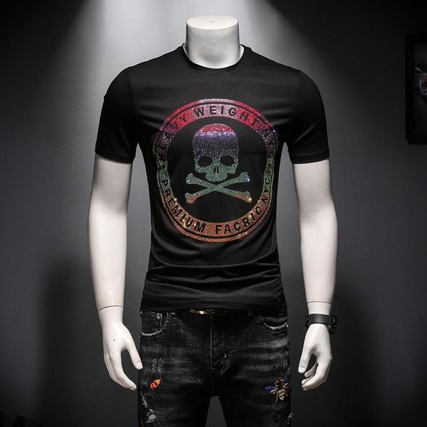 

2020 summer men's craft rhinestone round neck short sleeve t-shirt slim wild half-sleeved bottoming shirt t-shirt tide size m-3xl, White;black