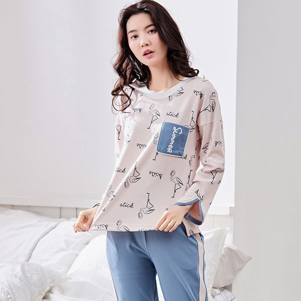

2018 women's cotton long-sleeved pajamas spring and autumn models can go out wearing a 2 piece home service suit, Blue;gray