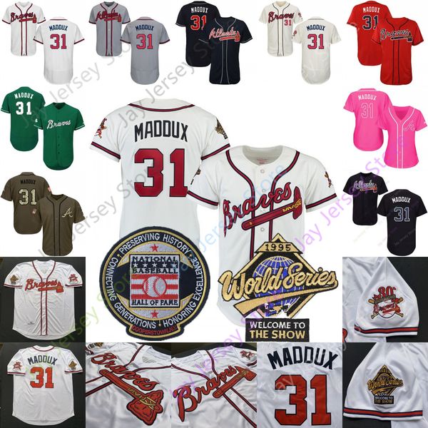 

Atlanta Greg 31 Maddux Jersey Braves Hall Of Fame 1995 World Series Cooperstown Flexbase Cool Base Men Women Youth size S-3XL