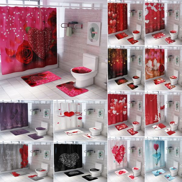 

red rose waterproof shower curtain 4pcs purple love bathroom curtains pedestal rug lid toilet cover mats bath mat set home decor