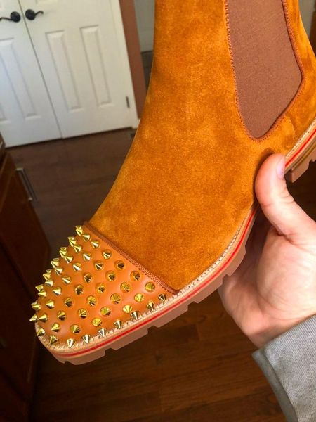 

fashion luxury men boots red bottom design men ankle boots low heels genuine leather suede with rivets melon spikes flat short knight bo
