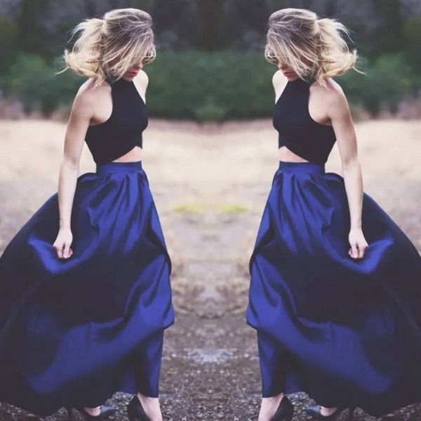

fitted navy 2 piece prom dress fashion a line halter satin unique evening gowns long formal party dresses holiday 2018 prom dress, Black