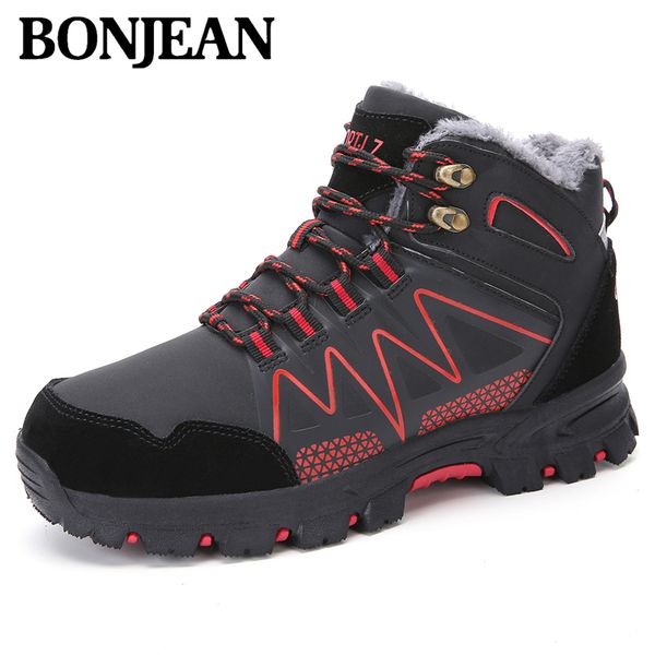 

brand fur warm men hiking shoes waterproof leather shoes climbing snow new popular outdoor men high winter boots, Black