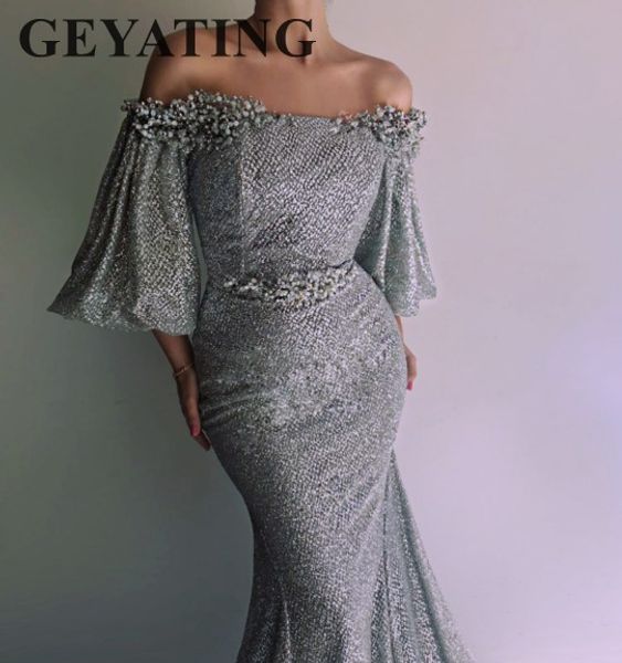 

sparkling silver sequined mermaid evening dress with puffy sleeves off the shoulder arabic prom dresses dubai party formal gowns, White;black