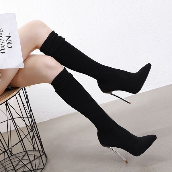 

autumn winter pointed elastic fabric 12cm high heel socks boots women super boots ladies over knee women 35-42, Black