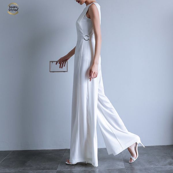 

for jumpsuit women round neck sleeveless overalls summer office lady female elegant long wide leg ukraine romper, Black;white
