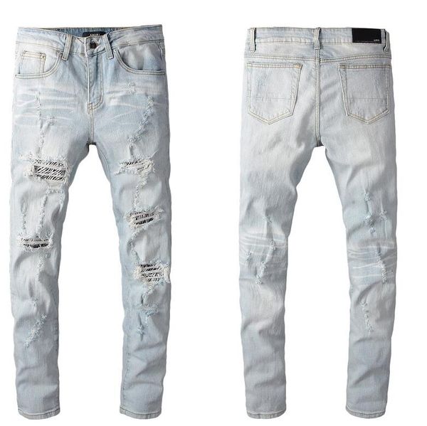 

2020 balmainmens distressed ripped biker jeans slim fit motorcycle biker denim for men fashion designer hip hop mens jeans good quality @16, Blue
