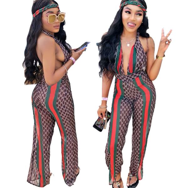 

Women Summer Digital Printed Jumpsuits Sexy Deep V-Neck Backless Nightclub Wearing Fashion Female Panelled Full Length Apparel
