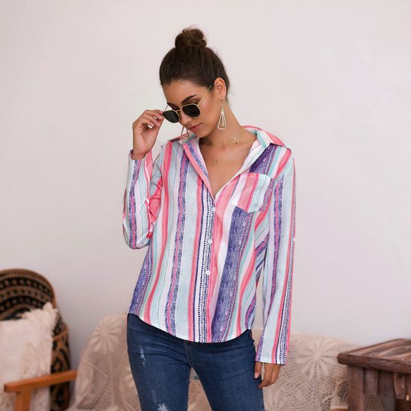 

women autumn winter blouse new lapel long sleeve stripe printing button down pocket ladies, White