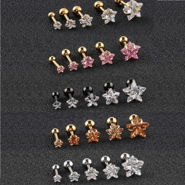 

fashion jewelry ear stud star zircon prong set internally threaded lip piercing daith cartilage helix piercing stud earrings, Golden;silver
