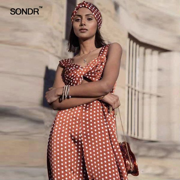 

sondr polka dot hollow out women jumpsuits high waist sleeveless off shoulder female jumpsuit summer fashion 2019, Black;white