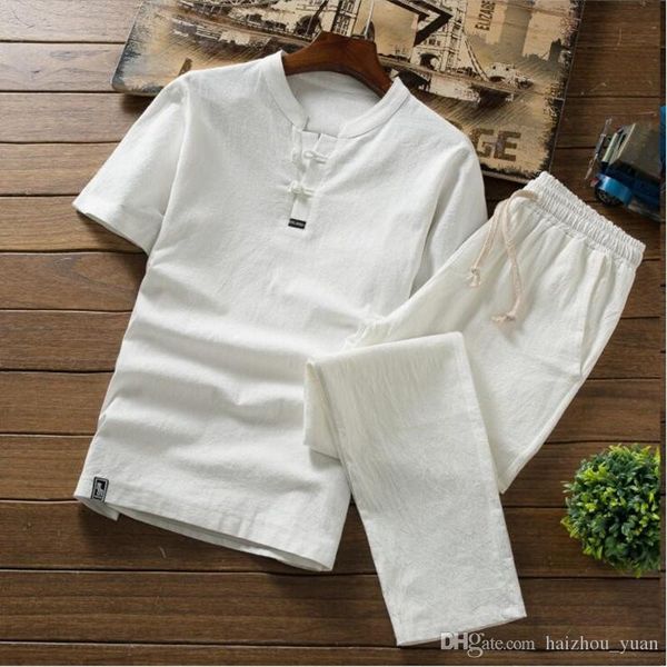 

summer thin linen sets men's cotton slim short sleeve t-shirt solid color large size casual pants men