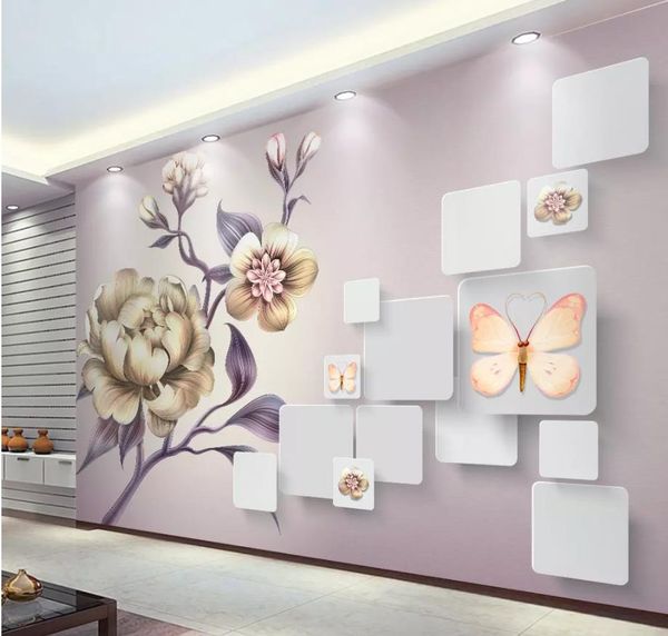 Güzel el boyalı şakayık çiçek 3D TV arka plan duvar oturma odası için modern duvar kağıdı