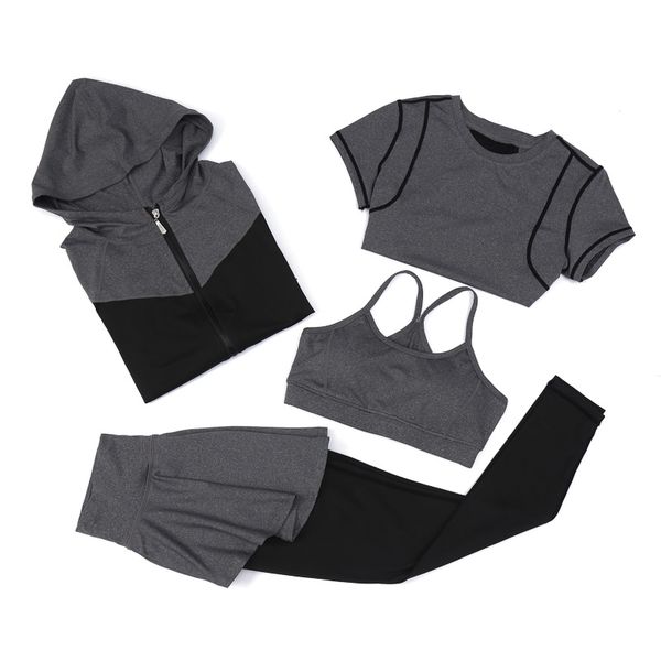 

women 4piece sport suit tracksuit yoga set zipper jacket+t shirt +bra+pants runing gym suit workout fitness sportswear clothing, Black;blue