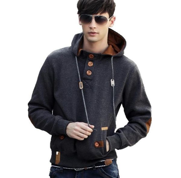 

fashion men hoodies long sleeve button slim fit hooded sweatshirt casual male pullover streetwear mens clothing moleton, Black