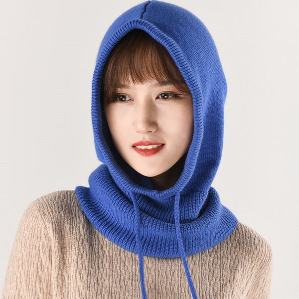 

2019 women's winter multi-functional knitted cashmere wool skullies hat collar set beanies hats female hooded earmuffs scarf cap, Blue;gray