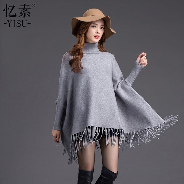 

yisu 2017 autumn winter batwing gray sweaters poncho turtleneck women tassel knitted sweaters jumper loose oversized pullover, Black