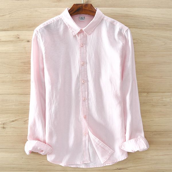 

turn down men's collar long sleeve shirt white blue pink green summer casual pure linen shirts for men, White;black