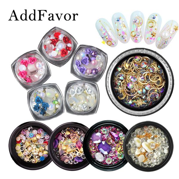 

addfavor nail rhinestone charms gems nails stone microbeads pearls 3d star flower jewelry studs manicure nail art decorations, Silver;gold