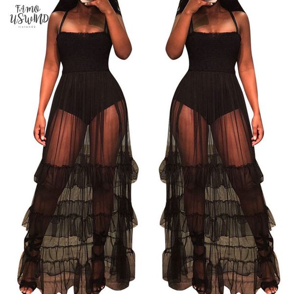 

summer women beach see through dress ruffle hem sheer dotted mesh spaghetti strap dresses ladies perspective bodysuit beach dress, Black;gray
