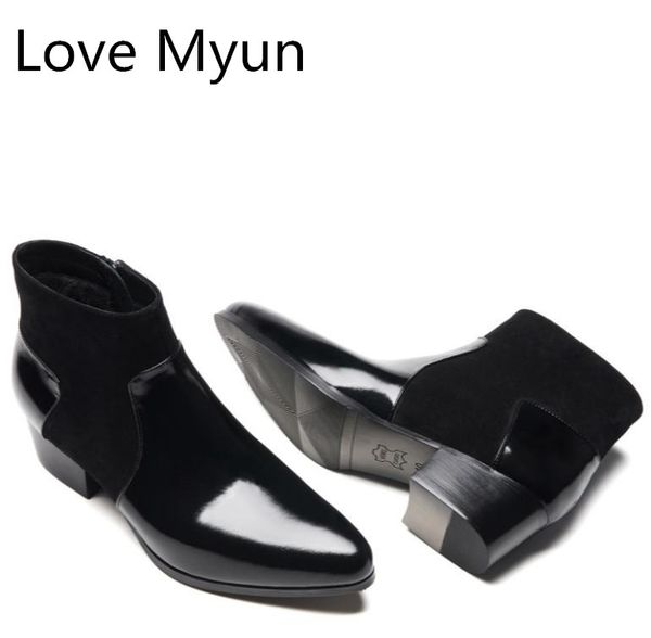 

autumn winter men's patent leather snow boots high heels pointed toe suede warm work ankle boots spring wedding dress men shoes, Black