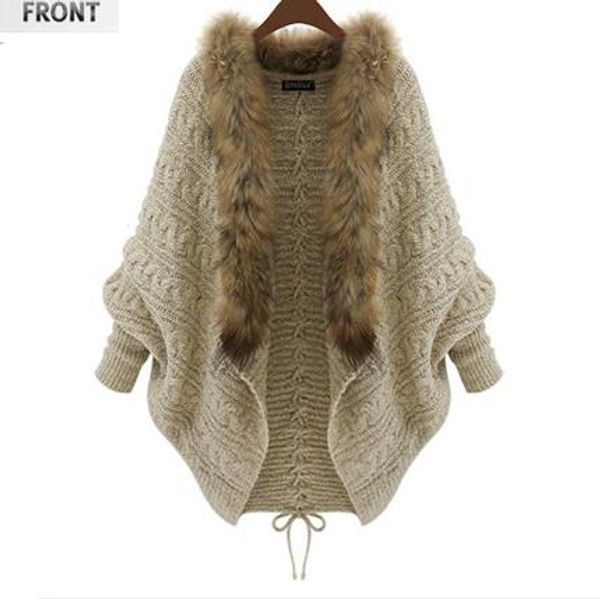 

women's jackets autumn and winter new large size women bat sleeve knit cardigan sweater coat fur collar beige, Black;brown