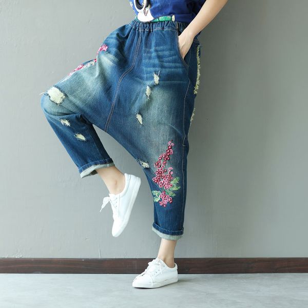 

one shirt with water used holes mill white will crotch embroidery haren pants personality split joint will code jeans stray, Blue