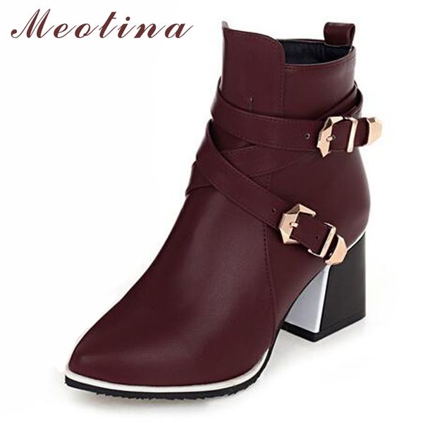 

meotina winter ankle boots women boots square high heels zip buckle women short boots autumn ladies shoes red big size 34-43 t200425, Black