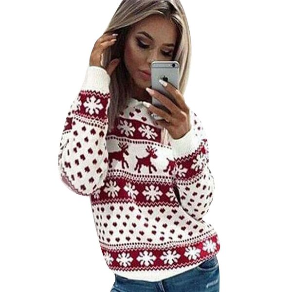 

2019 women jumper christmas sweater pull femme snow printed womens knitted sweaters clothing pullover ladies warm knitwear