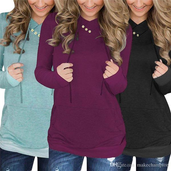 

сплошной цвет женские кофты с длинным рукавом кнопки o шеи женские толстовки с капюшоном три цвета женские топы, Black