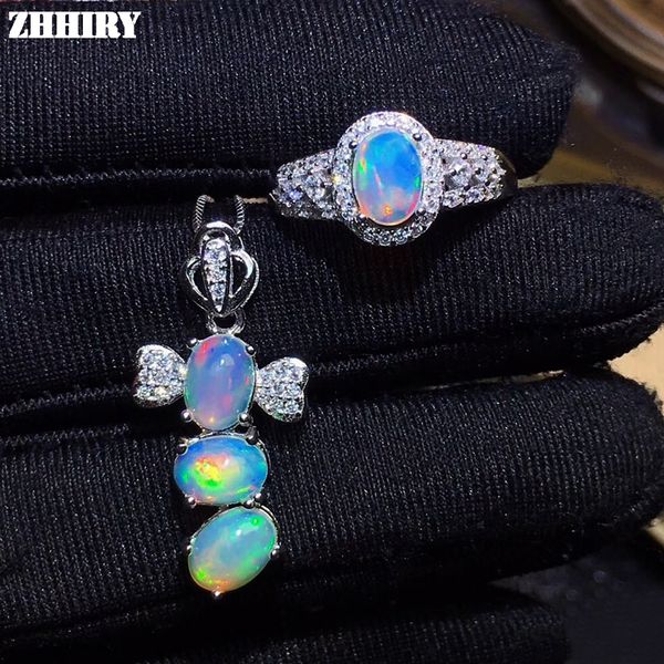 

zhhiry natural fire opal jewelry sets 925 sterling silver ring necklace pendant set for women color gemstone fine jewelry, Black