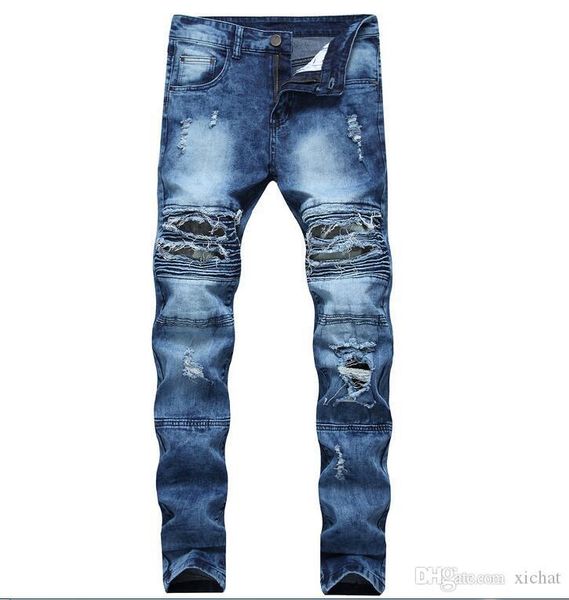 

big size jeans 2018 autumn new men's hole patch jeans creases denim pants slim casual streight leg jeans size 28-42 txdd-1, Blue